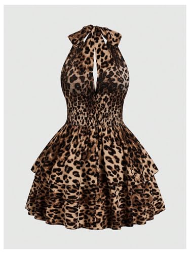 Floerns Women's Plus Size Cheetah Halter Short Dress Sleeveless Shirred Layered Ruffle Hem Y2k Going Out Mini Dresses2
