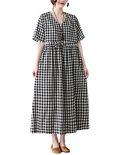 Robe d'été pour femme coton lin carreaux style coréen taille M