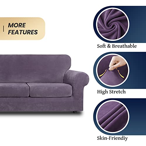 Asnomy Couch Covers For 3 Cushion Couch Sofa Loveseat Cover Velvet Stretch Slipcovers For Dogs Cats,3 Seat Cushion Furniture Protector Machine Washable（Large，Purple） #TOP3