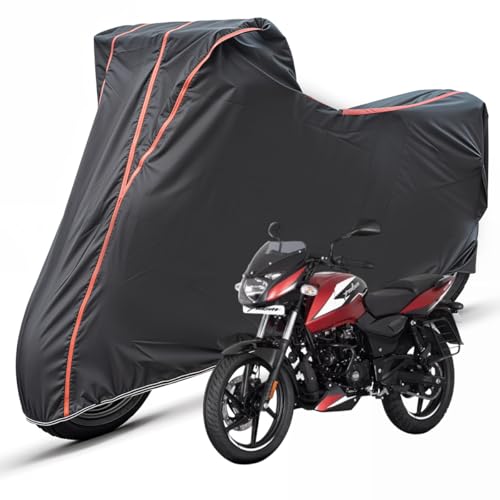 Image of Two Wheelers Bike Body Cover Compatible for Bajaj Pulsar 180, UV Resistant, Dustproof, Triple Stitched, Elastic Bottom, Red Piping Motorcycle Cover (Black, Pack of 1)