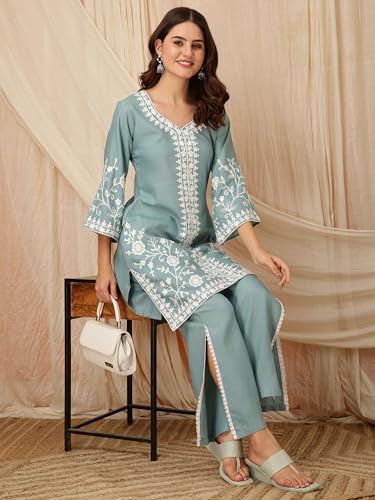 Image of EthnicJunction Women's Cotton Blend Chikankari Embroidered A-Line Kurta Palazzo Set Ethnic Wear Office Wear Daily Wear Festive Kurta Set for Women
