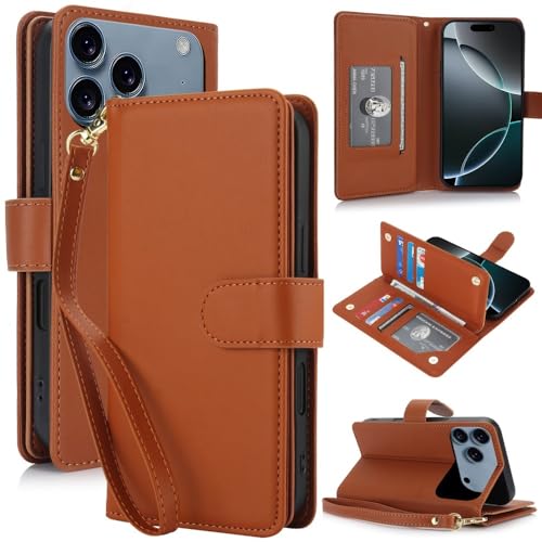 Étui iPhone 13 marron à clapet arrière avec double porte-carte et lanière intégrée