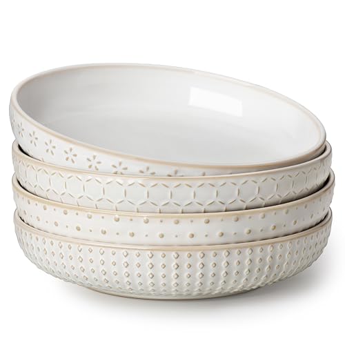 MALACASA Juego de 4 Cuencos para Pasta de Gres, 1570 ml Grande Platos Hondos para Pasta Ensalada y Sopas, Beige - Serie LYDIA