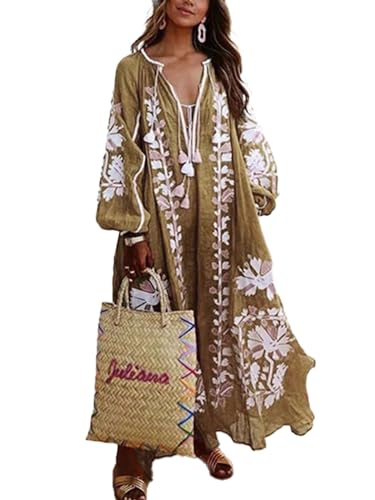 Vestido largo de manga larga para mujer, estilo étnico otoñal, cuello en V, bordado floral de manga larga, vestido de manga larga, estilo casual de manga larga para vacaciones en la playa, caqui, L