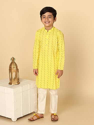 Image of KISAH Kid's Full Sleeves Cotton Blend Knee Length Printed Kurta Pyjama Set (3-4Y, Corn Yellow)