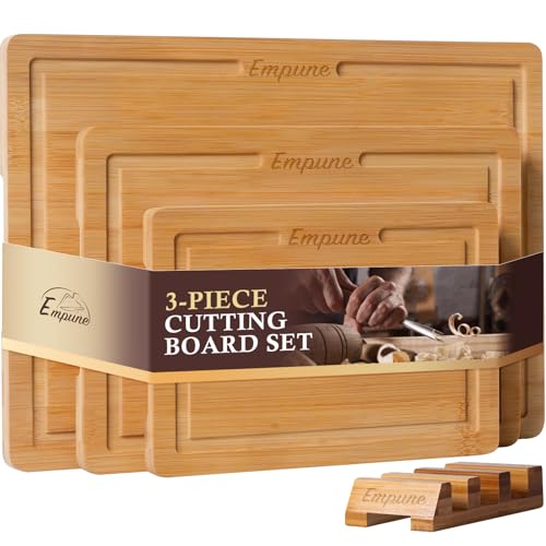 Image of Bamboo Cutting Boards for Kitchen, 3 Piece Extra Thick Cutting Board Set with Juice Groove, Deep Carbonized Bamboo Chopping Board, Reversible Wood Cutting Board for Meat, Charcuterie & Serving