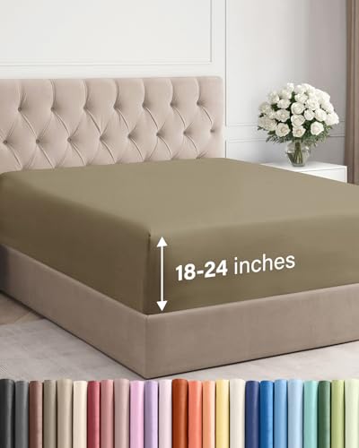 Image of Extra Deep Cal King Fitted Sheet - Single Fitted Sheet Only - Khaki | Easily Fits 18 inch to 24 inch Mattress, Soft, Wrinkle Free, Breathable & Comfy, Extra Deep Pockets Hotel Luxury Fitted Sheet
