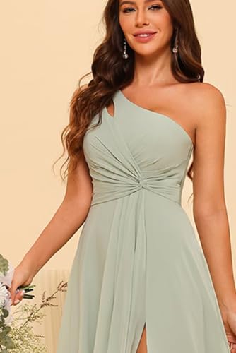 Chiffon One Shoulder Bridesmaid Dress with Pleated Bodice Long A Line Bridesmaid Dresses for Women with Slit AD0044