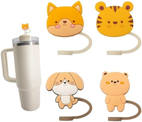 4Pcs Cartoon animals Silicone Straw Cover Cap for Stanley Cup, Reusable 10mm (0.4in)