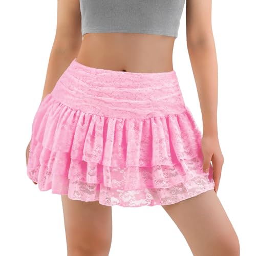 JasGood Damen Spitzen Minirock mit Shorts Sexy Ruffle Röcke Kurz Faltenrock Hohe Taille A-Linie Mini Rock für Halloween Party Rosa M