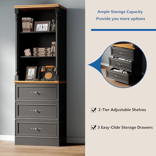 Image of 71'' Tall Bookshelf, Bookcase Storage Cabinets with 3-Tier Adjustable Shelves, Wooden Deep Book Shelf for Office, Living Room, Bathroom, Black