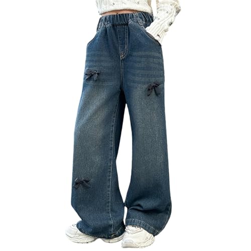 Tween Girls Baggy Jeans Wide Leg Denim Pants Elastic Waist Loose Jeans Cute Applique Bow Denim Pants Trendy Trousers