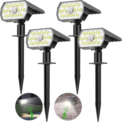 Solarlampen für Außen mit Bewegungsmelder, Solarstrahler für Garten 3 Modi Solar Gartenleuchten, 6500K Kaltweiß Solarleuchten IP65 Wasserdicht LED Solar Strahler für Aussen Weg Hof Gehweg, 4 Stück
