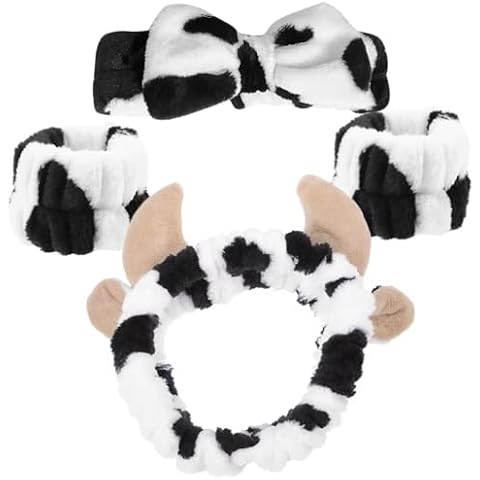 Wiywef Women Spa Headband Wrist Washband Set Soft Fluffy Cow Headband Makeup Hair Band Elastic Wrist Sweatband for Washing Cover