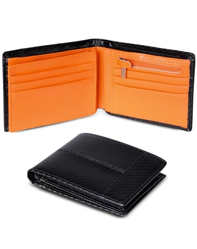 Image of Swallowmall Wallet for Men RFID Blocking Genuine Leather Mens Wallets Bifold with 1 ID Window 15 Card Slots black stripe orange