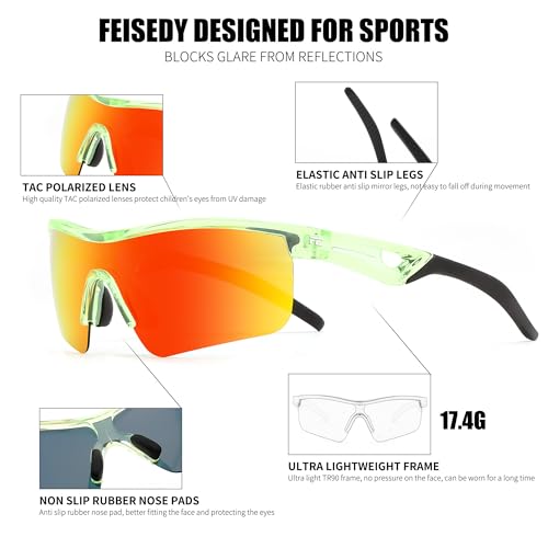 Image of FEISEDY Kids Polarized Sports Sunglasses, TR90 UV400 Baseball Cycling | LightWeight Wrap-Around for Boys Girls, TAC Polarized Lens blocks 100% UVA /UVB, Baseball /Softball /Cycling /Running B2454