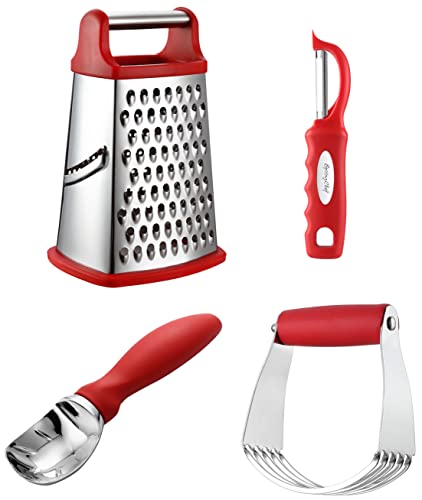 Ultimate Kitchen Essentials Bundle - Medium Dough Blender, Xl Box Grater, Swivel Peeler And Ice Cream Scoop, Red #TOP21