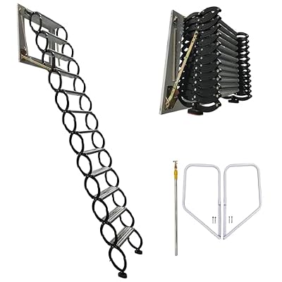 TECHTONGDA 9.8ft Attic Stairs 12 Steps Wall-Mounted Folding Stair, Black Attic Extension Ladder Pull Down Attic Stairs with Armrests, Al-Mg Alloy Material
