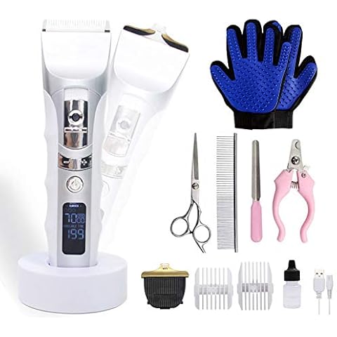 JAKEMY Dog Clippers Low Noise Pet Clippers Rechargeable Dog Trimmer Cordless Pet Grooming Tool Comb Guides Scissors Nail Kits with Pet Glooming Glove for Dogs Cats & Others Cover