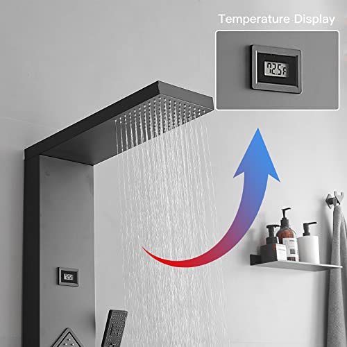 BWE Stainless Steel Shower Panel Tower System Rainfall Head Rain Massage System with Body Jets and Handheld Shower Black Shower Column Wall-Mount