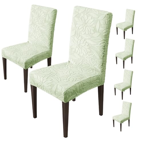 Image of House of Quirk Stretchy Universal Camellia Jacquard Waterproof Chair Cover Removable & Washable Short Dining Chair Cover Protector Seat Slipcover (Green,Pack of 6)