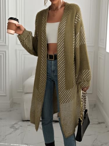 Image of chouyatou Women's Color Block Striped Fuzzy Long Cardigan Sweaters Open Front Diagonal Stripe Knit Cardigan Jacket Coat