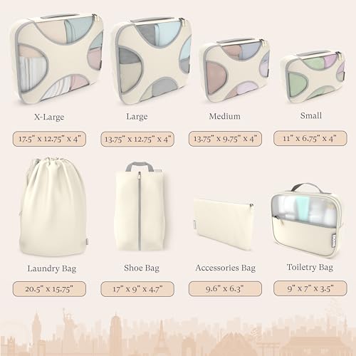 Shacke Premium 8 Packing Cubes Set - Lightweight Mesh Travel Luggage Organizers with Laundry Bag, 8-Piece Suitcase Storage System (Sand)