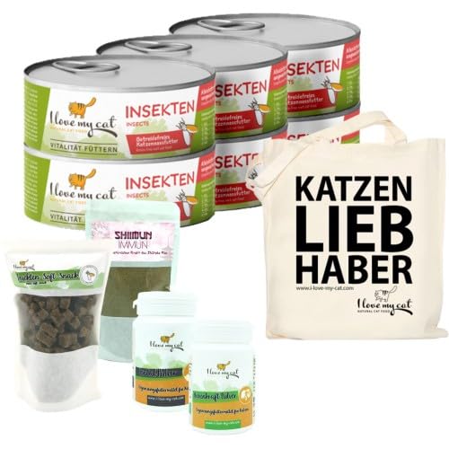 I Love My Cat Sparset für Burma-Katze – Getreidefreies Nassfutter 6 × 100 g, Soft-Snacks mit Insekten 50 g, Shiimun Skin mit Shiitake 50 g, Dental Pulver 35 g & Nierenkraft Pulver 35 g