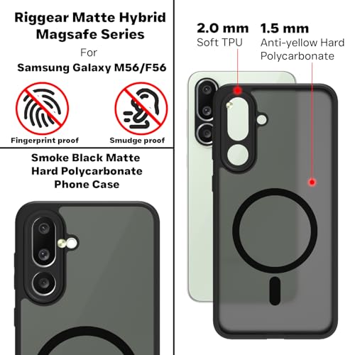 Image of RIGGEAR Shockproof Sleek Hybrid Armor Magnetic Back Cover Case Compatible with MagSafe Accessories for Samsung Galaxy M56 5G / F56 5G (Smoke Black Matte PC and Black TPU Bumper)