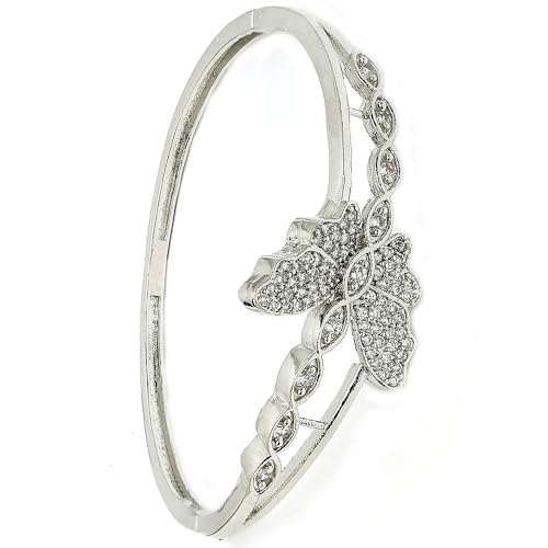 Image of ZENEME Rhodium Plated Silver Toned American Diamond Studded Grace Line Kada Bracelet For Women