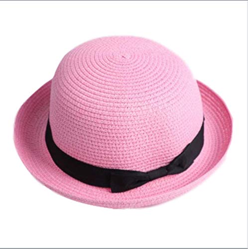 GYFKK ChapeauSun Caps Ruban Rond Flat Top Paille Panama Chapeau Chapeaux D'été pour Les Femmes Chapeaux De Chapeau De Paille Chapeau Taille Enfant 52-54cm Dôme Rose Cover