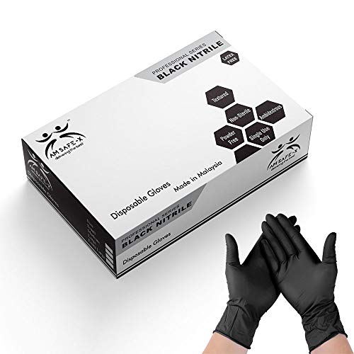 AM Safe x Nitrile Powder-free Disposable Gloves (Medium, Bla...