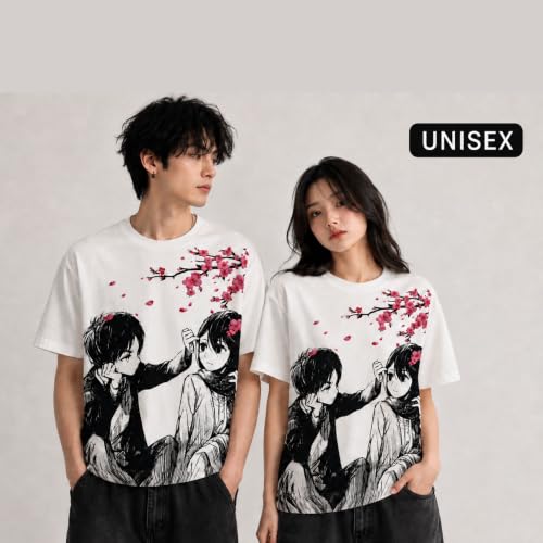 Image of Anime Printed Oversized Cotton Casual Round Neck T-Shirt for Men and Boys | Sharp, Eren yeagear & Mikasa akerman Japanese Streetwear Aesthetics