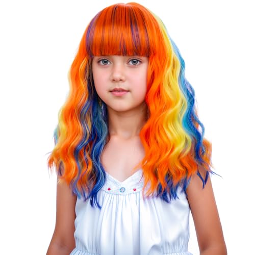 Image of Colorful Wig Child Short Rainbow Wavy Curly Wigs Colorful Wig with Air Bangs Synthetic Cosplay Hair Wigs