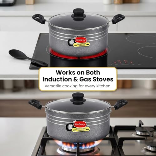 Image of KenBerry Signature Granite Finish Non Stick Casserole Biryani Pot | Stew Pot | 24 cm Diameter 5 L Capacity with Glass Lid (Aluminium, Induction Base, Nonstick)