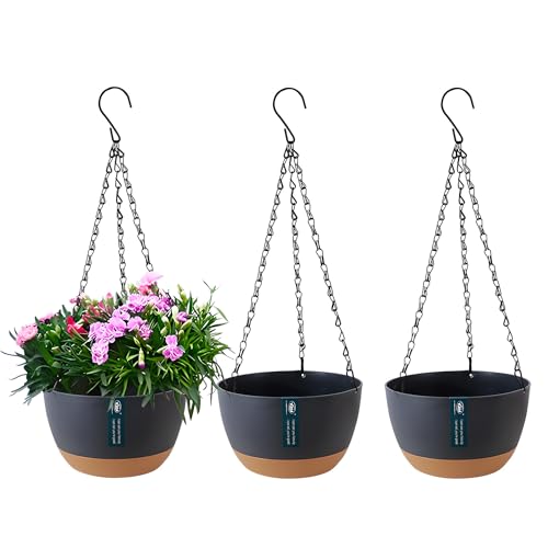 YuanDiann 3er Pack Hängende Blumentöpfe mit abnehmbarem Tablett, Selbstabsorbierende Hängepflanze Blumentopfkorb aus Kunststoff Außen Innen Blumenampel Haus Garten Balkon Dekoration Dunkelgrau 20.5cm