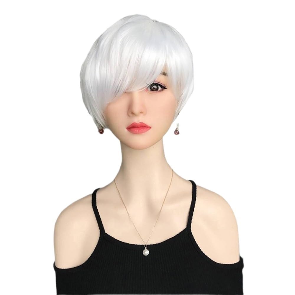 xiuling4568 Short White Pixie Cut Wig, Synthetic Fluffy Hair Wigs with Bangs Natural Looking for Women Hairs Extensions