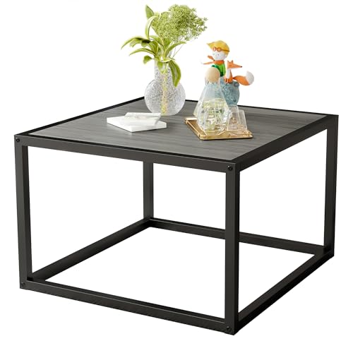ARFARLY Table basse carrée pour salon, table d'appoint centrale simple avec plateau en bois et cadre en métal robuste, noir et gris/60 x 60 x 40 cm