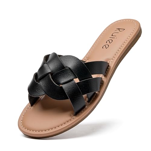 Wide Width Sandals for Women, Summer Flat Slides Casual Braided Wide Feet Sandal Comfort Slip on Sandals Open Toe Beach Shoes for Women. 7 X-Wide Black Pu 8010