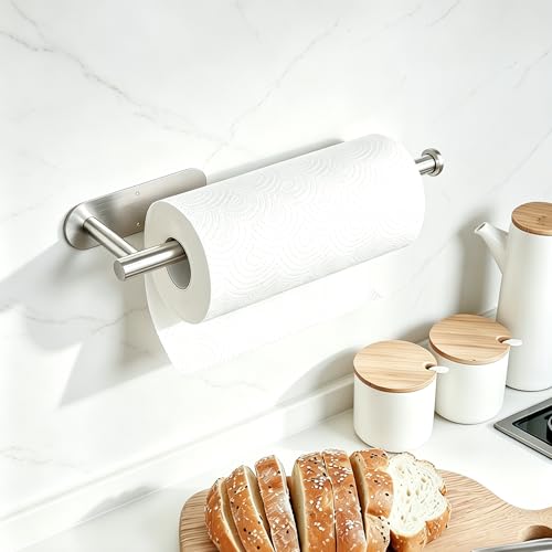 Image of Paper Towel Holder Under Cabinet - Self Adhesive Paper Towel Roll Holders Wall Mount, Stainless Steel Towel Rings for Kitchen Bathroom