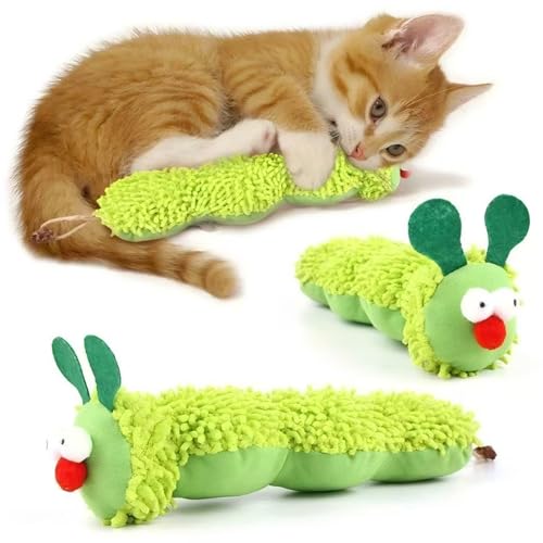Maslasee Cat Catnip Toy for Indoor Cats, Cat Chew Toy for Teeth Cleaning, Bite-Resistant Plush Caterpillar Design, Dental Health Benefits, Green