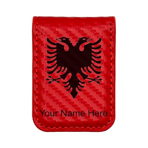 LaserGram Slim Magnetic Money Clip, Flag of Albania, Personalized Engraving Included (Carbon Fiber Red)