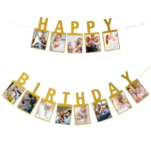 Happy Birthday Photo Banner – Rustic Vintage Kraft Cardstock Decoration, Customizable Photo Bunting for Birthday Party, DIY Memory Banner, Reusable Party Décor for Kids, Adults, and Family Celebration