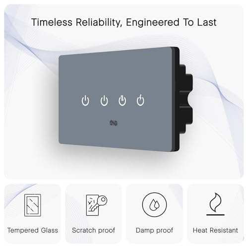 Image of IOTICS Smart Wifi Switch Board: 4 Switch with 1 x High Load (AC /Geyser) switch. Touch, Remote, App Control. Voice Compatible with Alexa & Assistant. Smart Touch Switch For Home Automation (Grey)