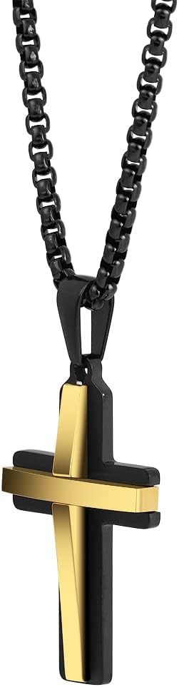 Edforce Stainless Steel Double Layer Cross Pendant Necklace for Men, 24" Box Chain