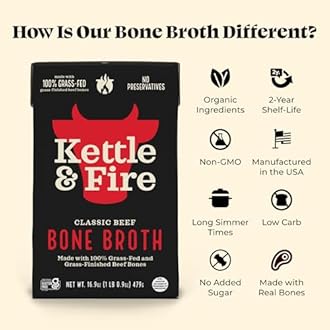 Kettle & Fire Beef Bone Broth Soup - Organic, Grass Fed, Collagen Protein (10g) - Perfect for Intermittent Fasting, Low Carb, Keto, Paleo, Whole 30 Approved Diets - Gluten Free -16.9 fl oz, Pack of 6