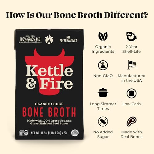 Kettle and Fire Beef and Chicken Bone Broth, Keto, Paleo, Whole 30 Approved, Gluten Free, Natural Source of Collagen, Pack of 4