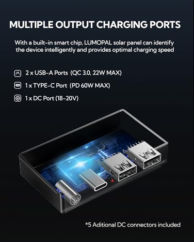 Portable Solar Panel, LUMOPAL 60W Foldable Solar Panels Folding Solar Charger with PD60W USB C QC3.0 USB A Output Waterproof for Camping Backpacking Compatible with Phone Laptop Portable Power Station
