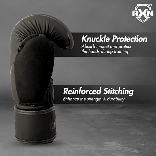 Image of RXN R1 Boxing Gloves with Microfiber Thumb, Premium, High-Performance & Durable for Men, Women & Kids, Training, Kickboxing, Taekwondo, MMA, Muay Thai & Martial Arts (Black, 12oz)
