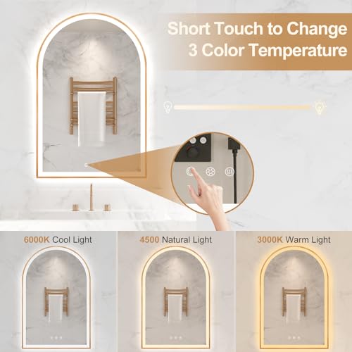 Image of Arched LED Mirror for Bathroom 24 inchx36 inch, Orange Gold LED Bathroom Mirror with Lights, Fogless, Dimmable, Shatterproof, Touch Sensor, 3 Color Changing